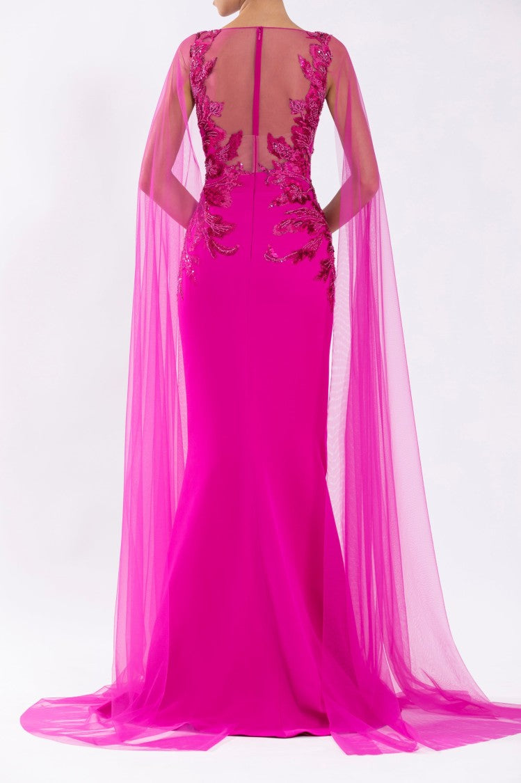 Saiid Kobeisy Crepe Mermaid Dress With Beading And Tulle Long Sleeves