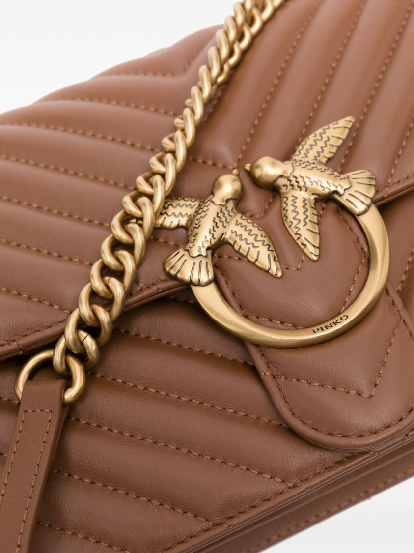 Pinko Quilted Brown Calfskin Shoulder Bag With Gold Hardware