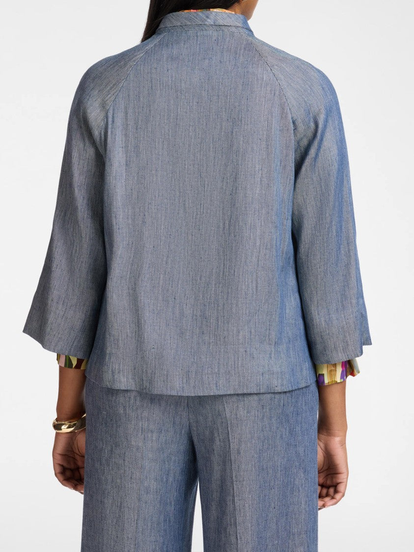 Elena Miro` Cropped Muted Blue Textured Woven Jacket