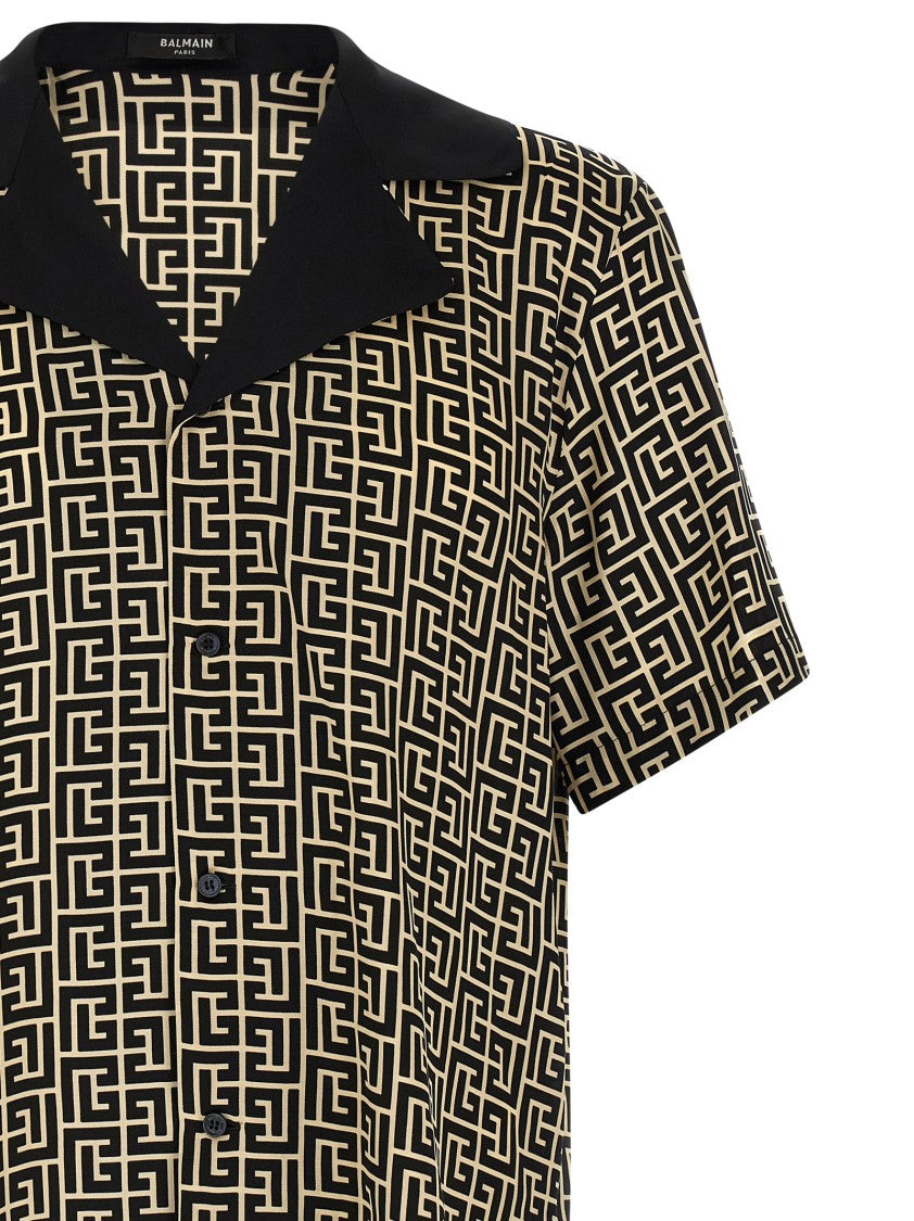 Balmain Geometric Monogram Cupro Bowling Shirt With Contrast Collar