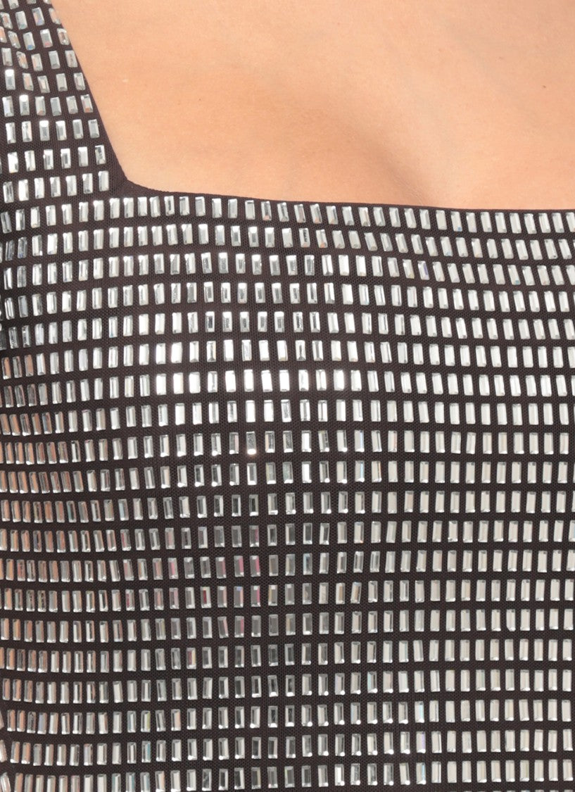 Self-Portrait Fitted Midi Dress With Silver Applications And Square Neckline