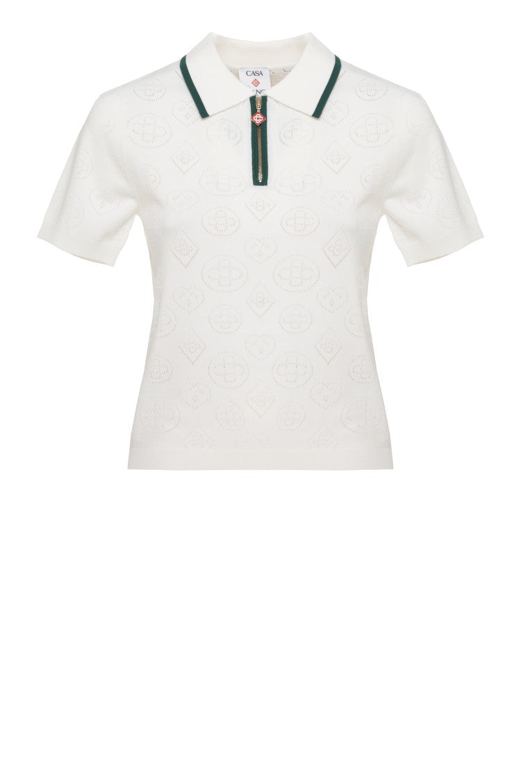 Casablanca White Green-Trimmed Zip Cotton Polo Shirt