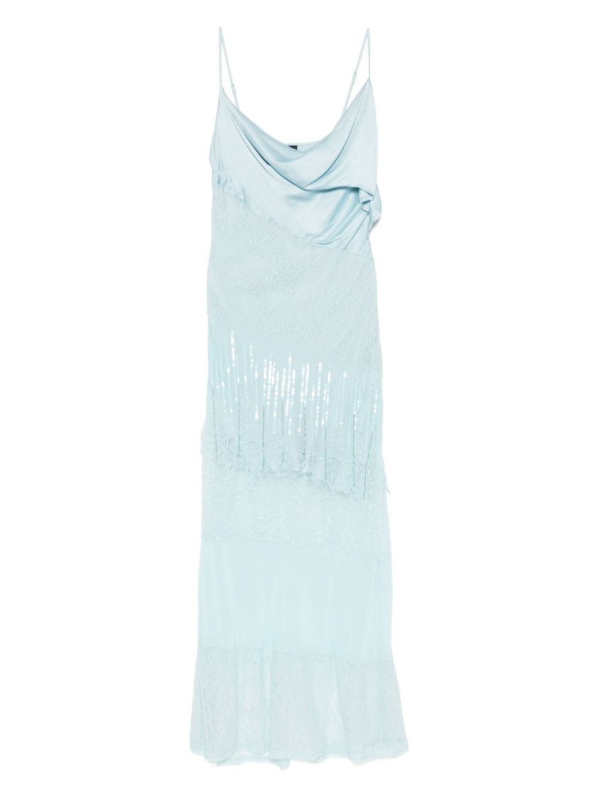 Pinko Celeste Draped Maxi Dress With Lace And Sequin Accents