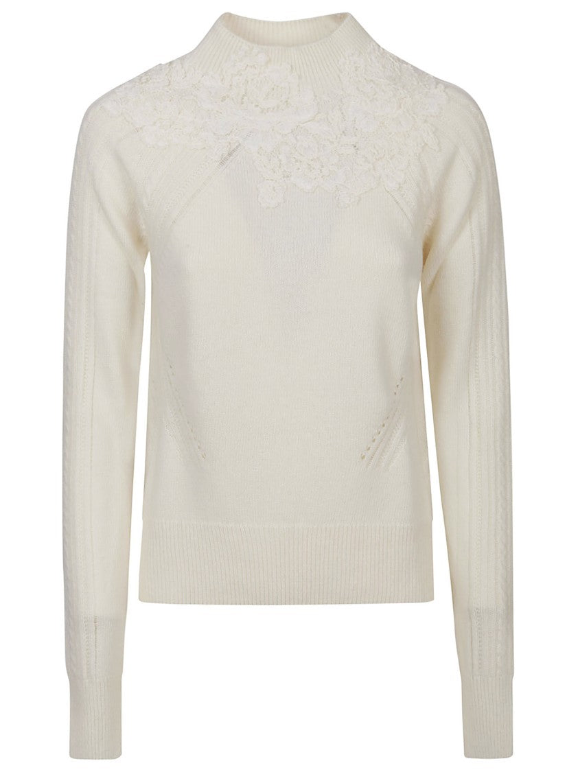 Ermanno Scervino Mock Neck Sweater With Floral Lace Embellishments
