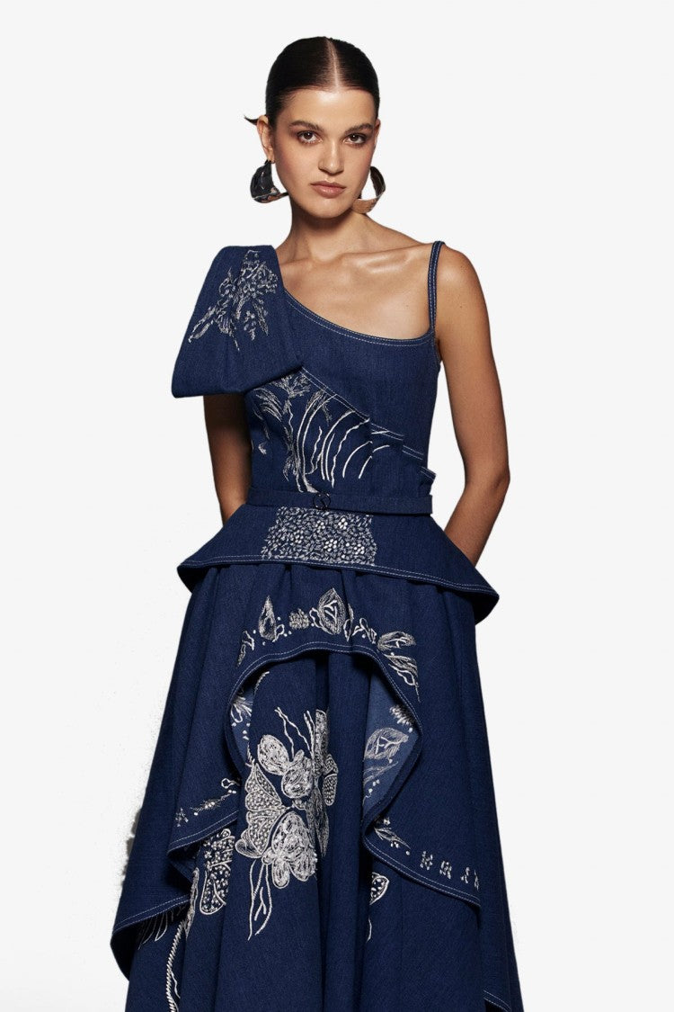 Saiid Kobeisy Denim Dress With Floral Embroidery
