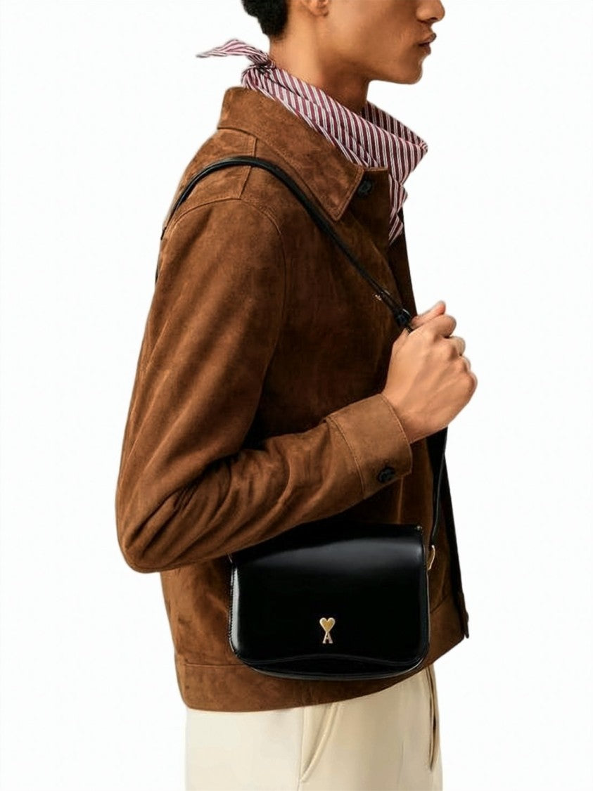 Ami Paris Glazed Calfskin Leather Crossbody Bag With Heart Logo