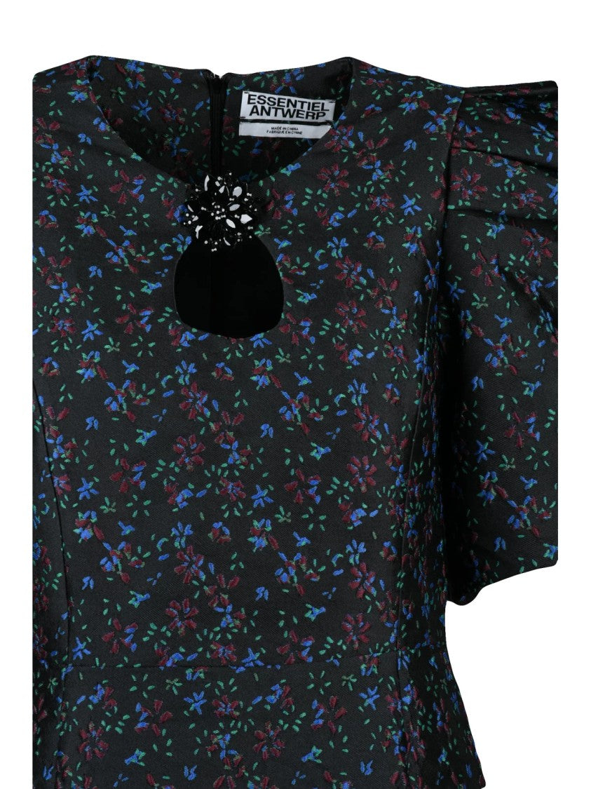 Essentiel Antwerp Short Dress With Balloon Sleeves And Floral Accents