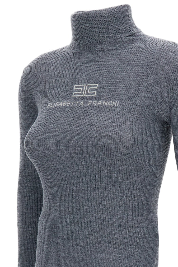 Elisabetta Franchi Grey Ribbed Tricot Stretch Wool Turtleneck