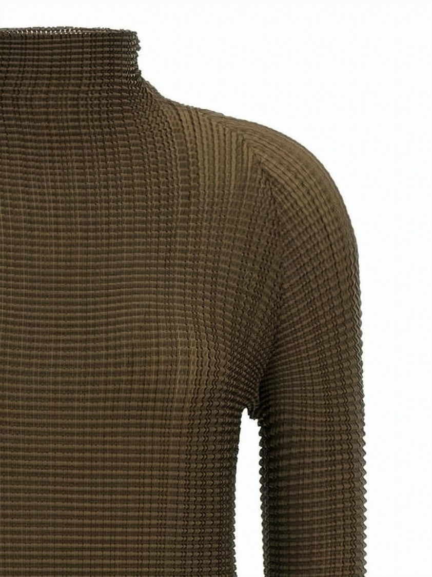 Issey Miyake Textured Brown Turtleneck Top With Fitted Silhouette