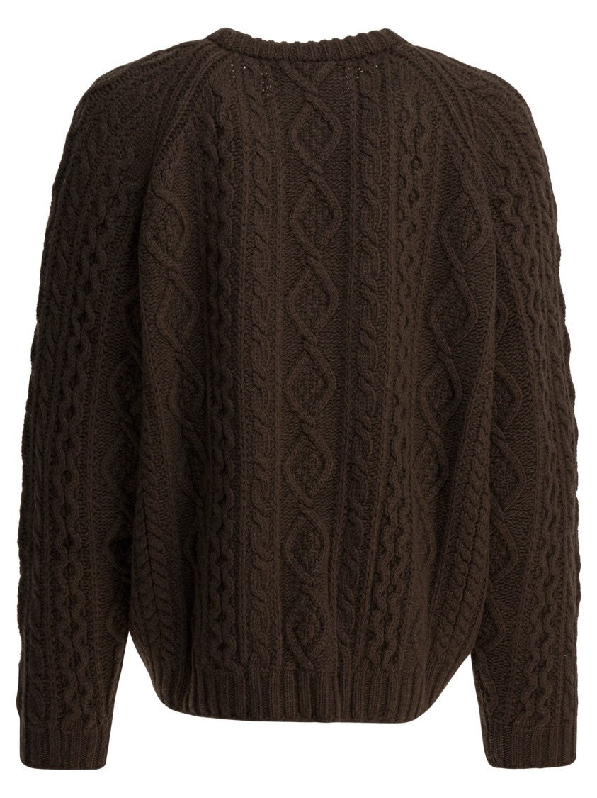 Sandbeige Cable Knit Sweater With Crew Neckline