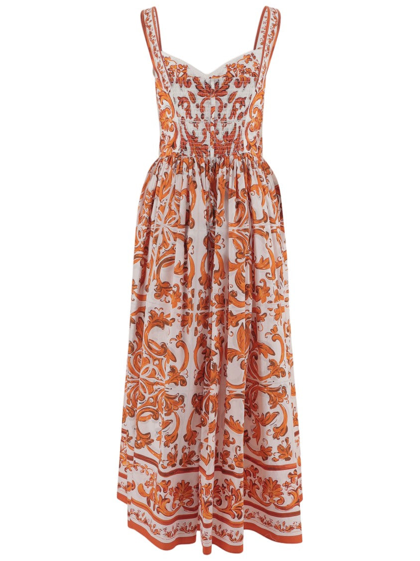 Dolce & Gabbana Long Cotton Poplin Dress With Majolica Print And Smocked Back