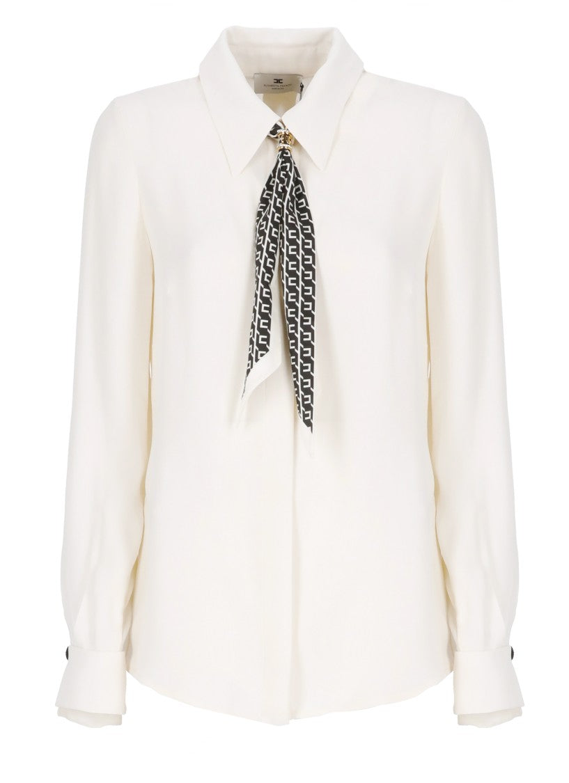 Elisabetta Franchi Ivory Georgette Blouse With Logoed Foulard