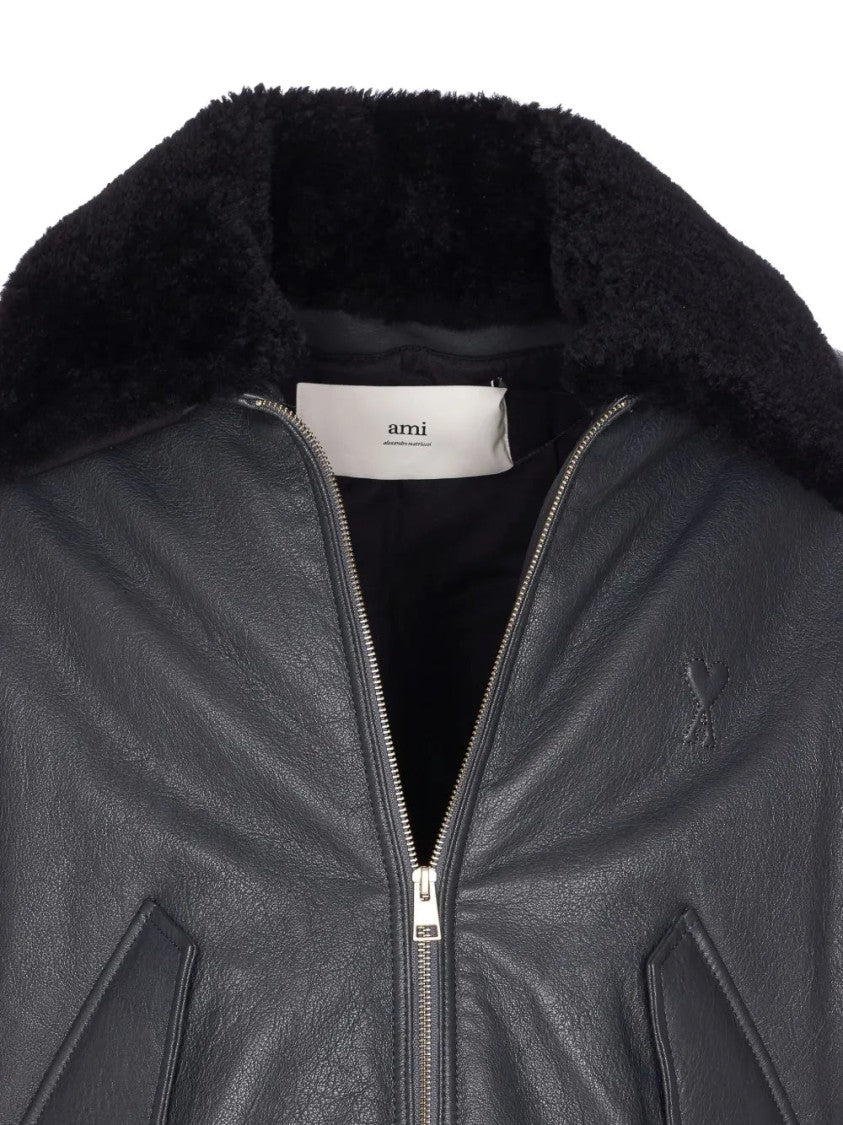 Ami Zip-Up Leather Bomber Jacket