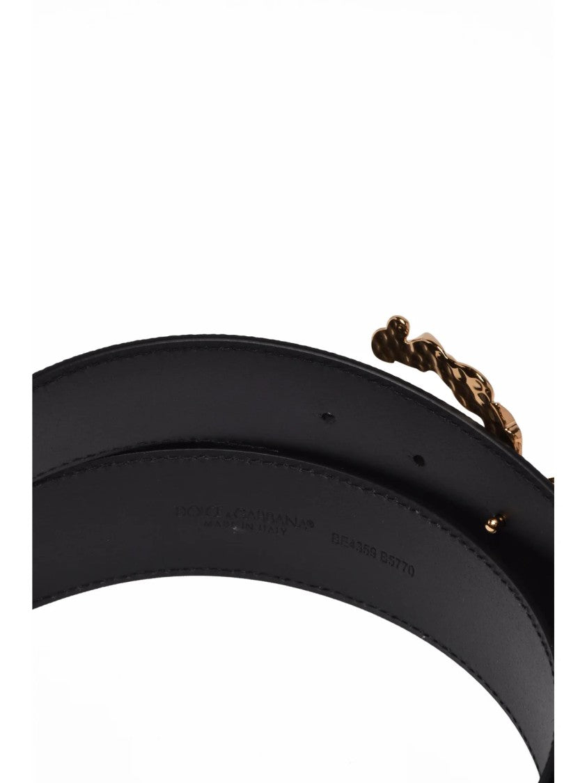 Dolce & Gabbana Black Textured Ornate Gold Buckle Leather Belt