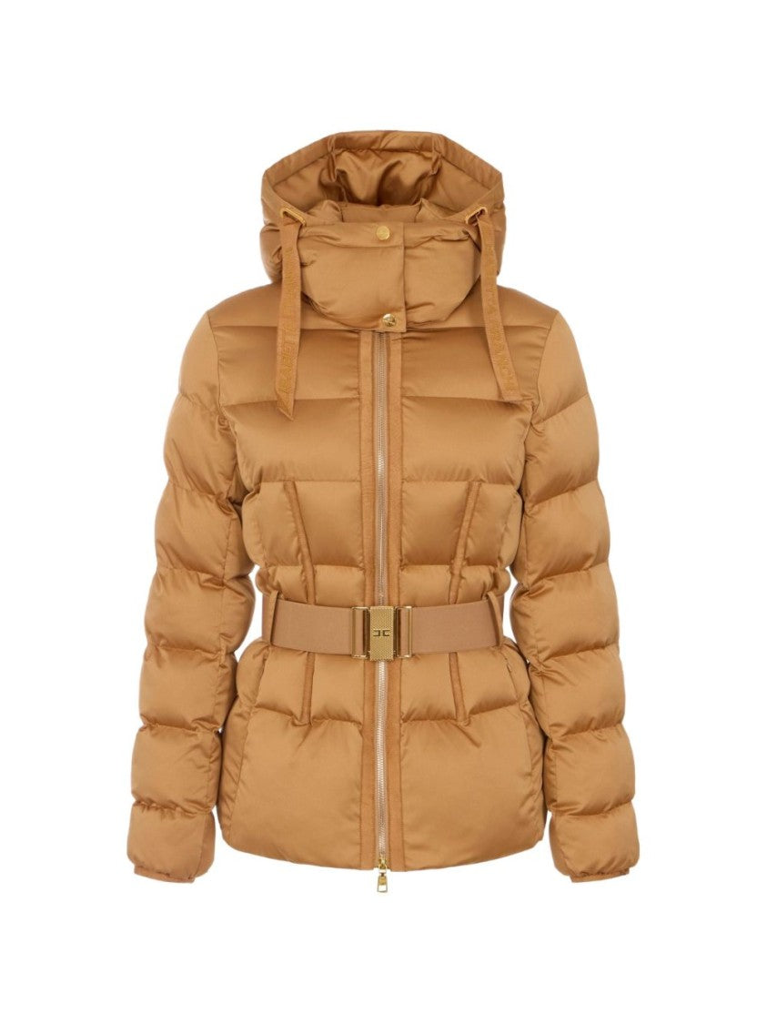 Elisabetta Franchi Voile High-Collar Belted Hooded Down Jacket