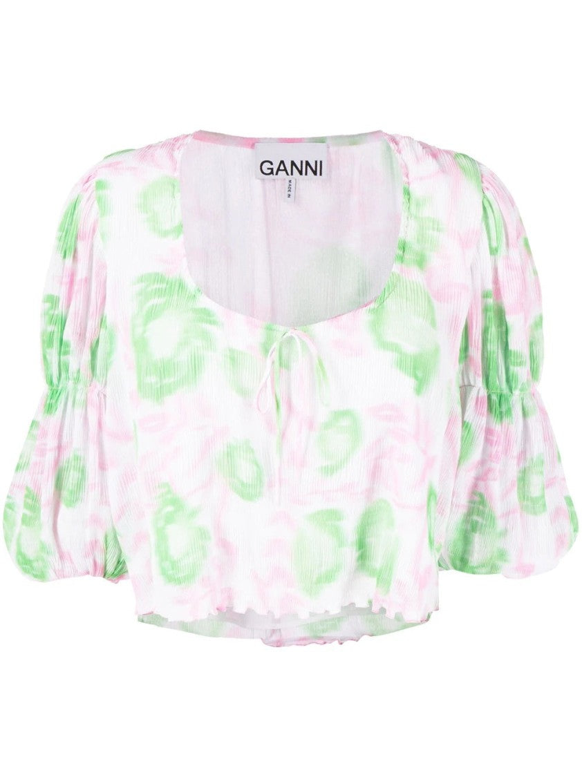 Ganni Pleated Georgette Uneck Blouse