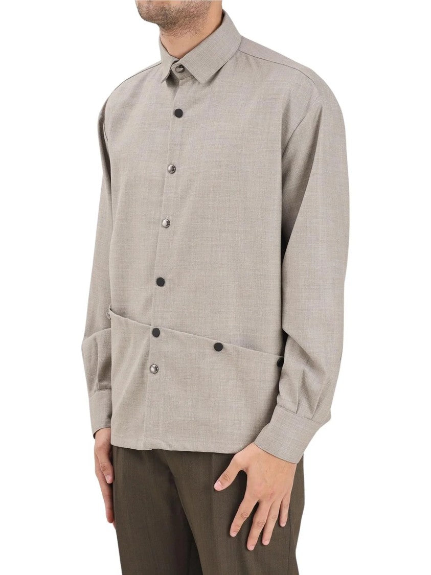 Yes London Beige Asymmetrical Snap Button Virgin Wool Shirt