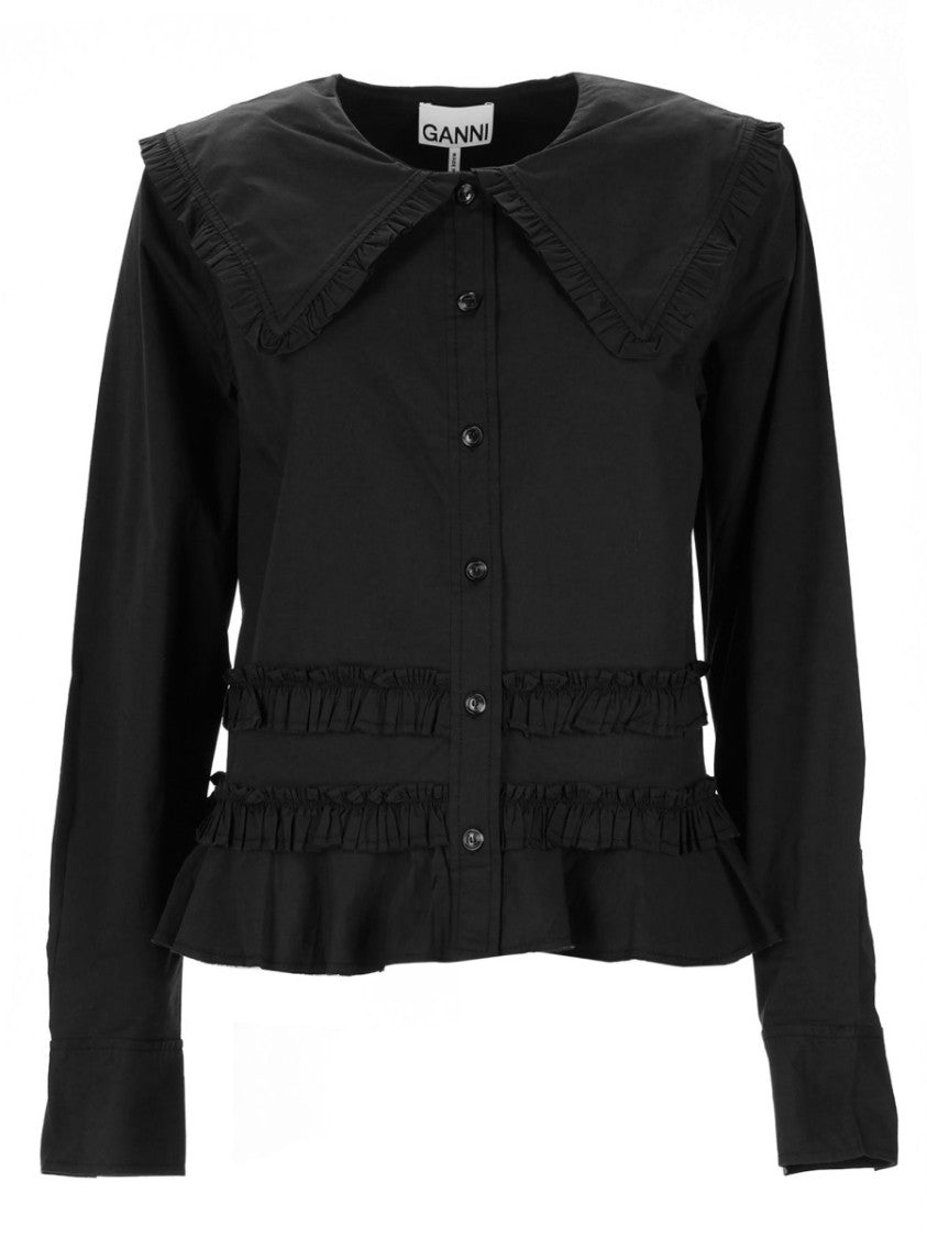 Ganni Ruffle Trim Large Collar Cotton Shirt