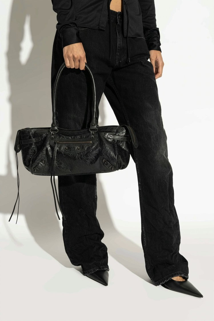 Balenciaga Elongated Black Lamb Leather Shoulder Bag