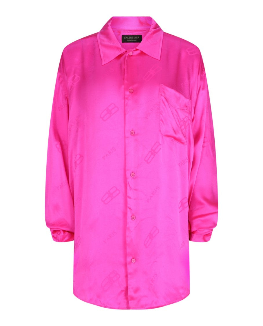 Balenciaga Monogram Pattern Silk Shirt With Curved Hem