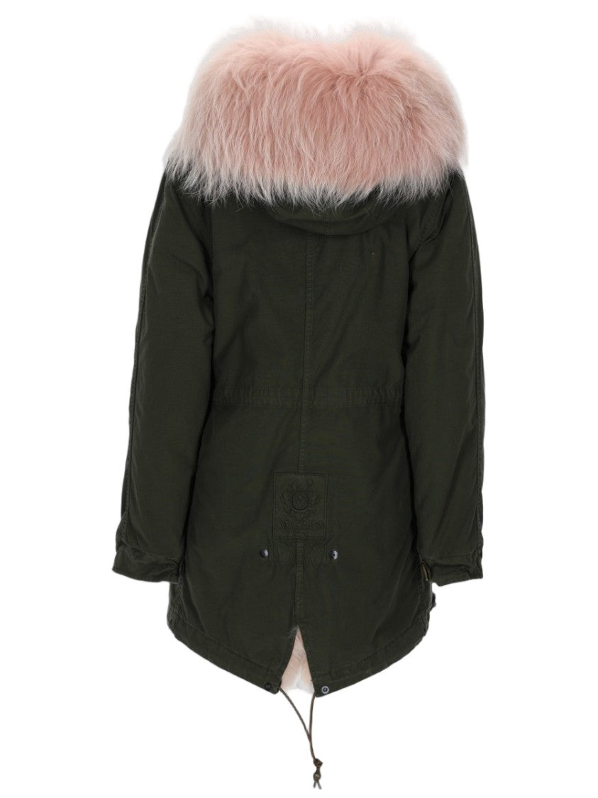 Mr & Mrs Italy Parka With Deep Olive Green Body And Plush Pink Fur Trim