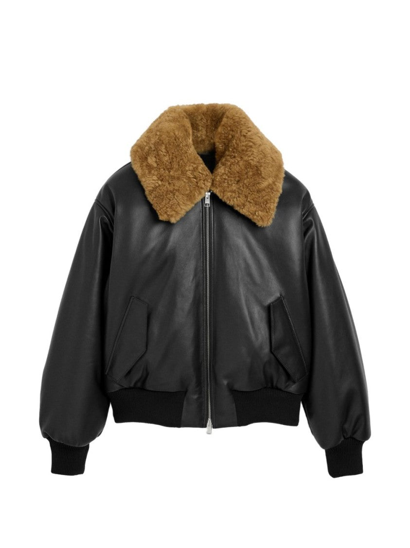 Ami Paris Voluminous Black Leather Jacket With Plush Shearling Collar