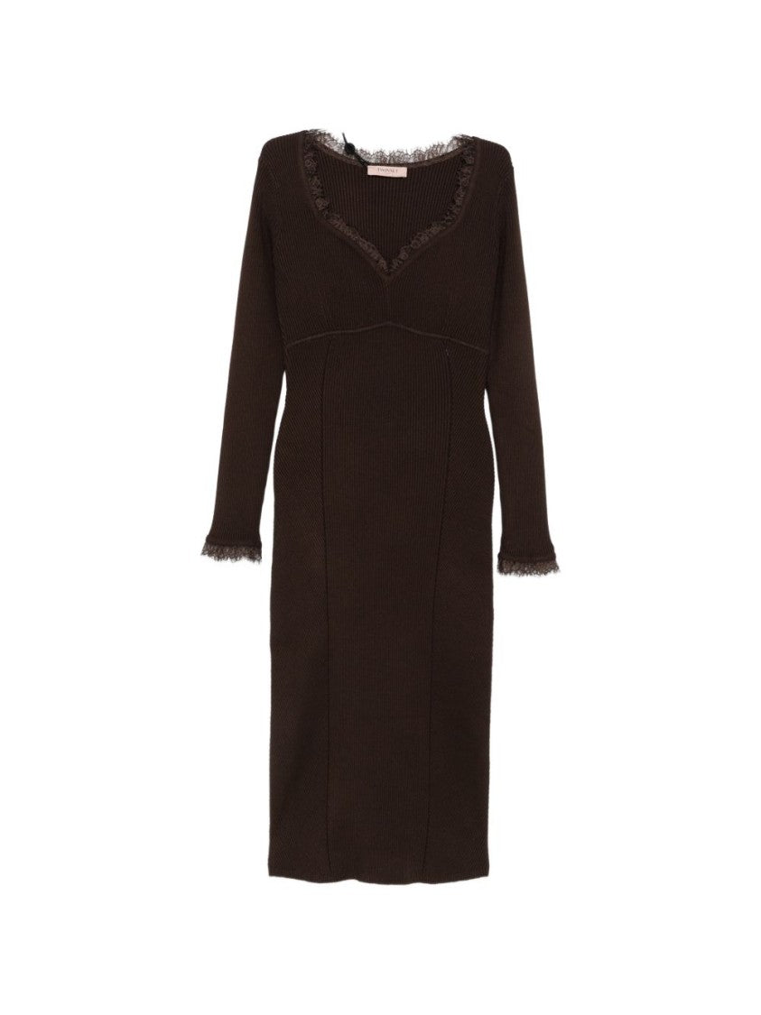 Twin-Set Fitted Lace Trim Ribbed Knit Midi Dress