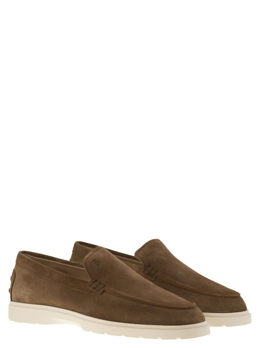 Tod's Brown Suede Moccasin Slipper With Embossed Monogram
