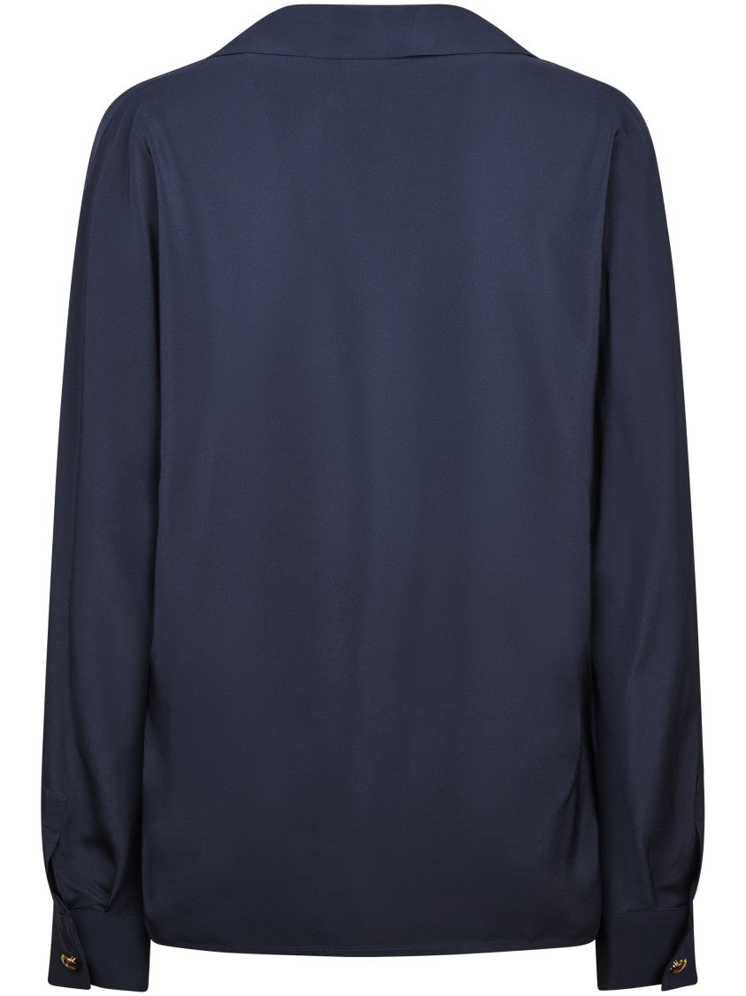 Max Mara V-Neck Blue Silk Max Mara Shirt With Gold-Tone Buttons