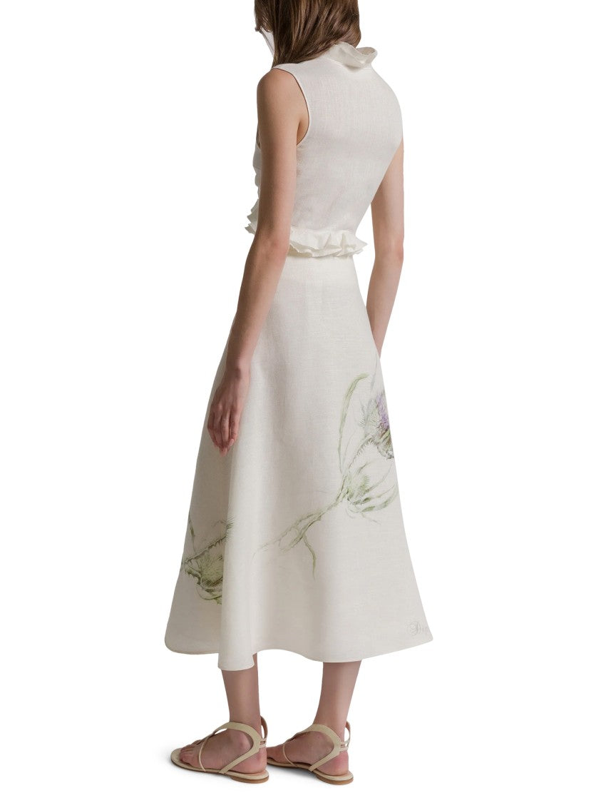 Alberta Ferretti Off-White Botanical Print Linen Midi Skirt