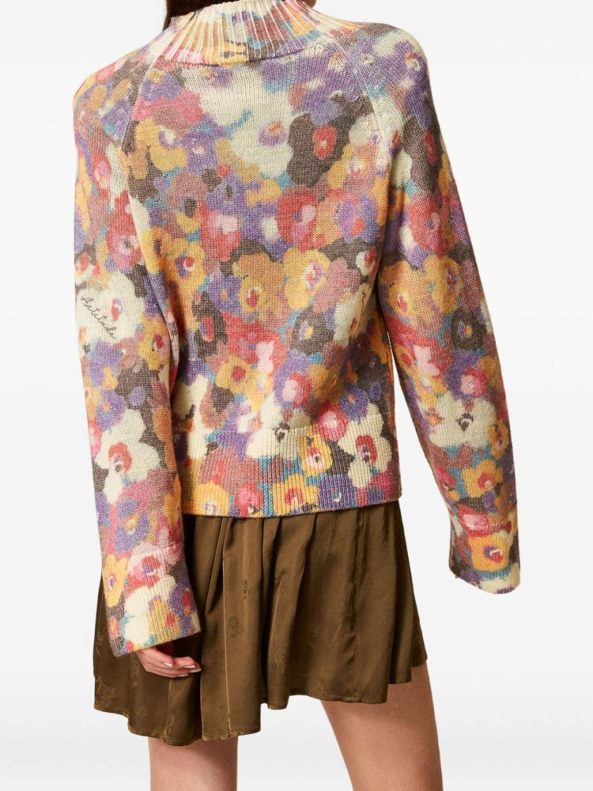 Twin-Set Multicolored Floral Patterned Sweater With Ribbed Crew Neckline