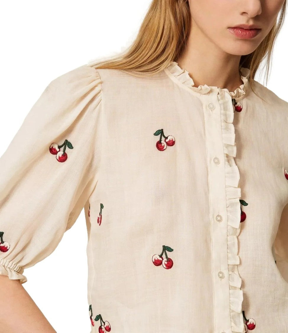 Twin-Set Cropped Blouse With Cherry Print And Ruffle Detailing