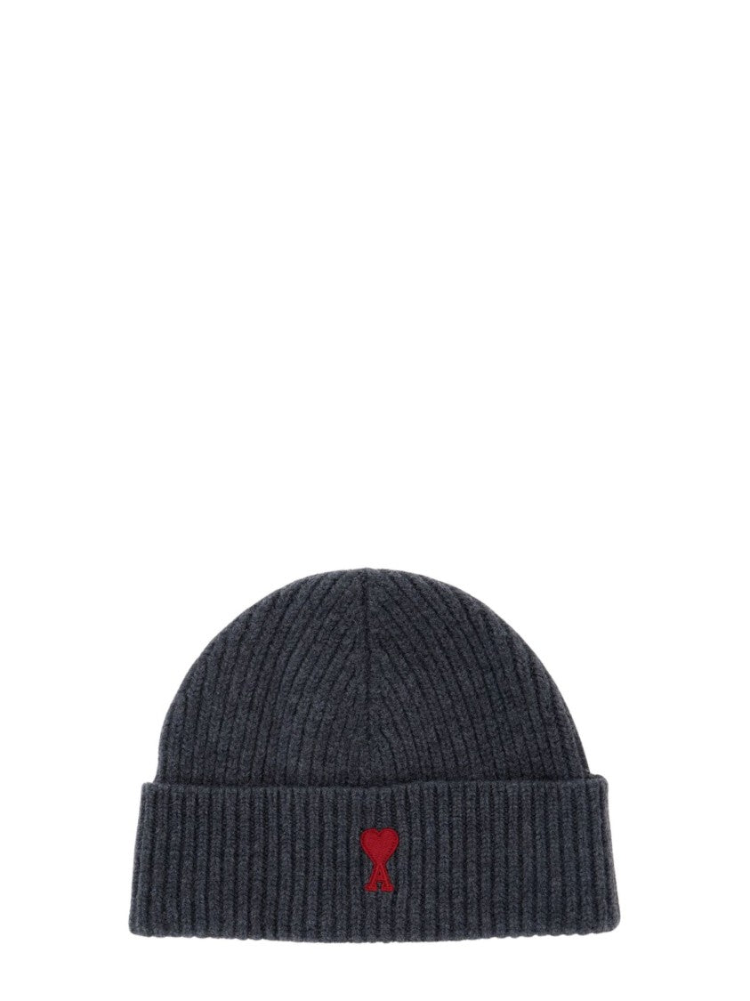 Ami Paris Beige Ami De Coeur Ribbed Knit Wool Beanie Hat