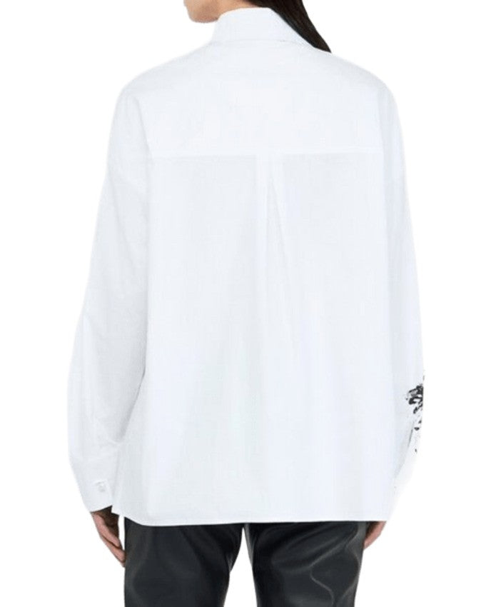 Liu Jo White Cotton Poplin Shirt With Black Floral Print And Rhinestone Details