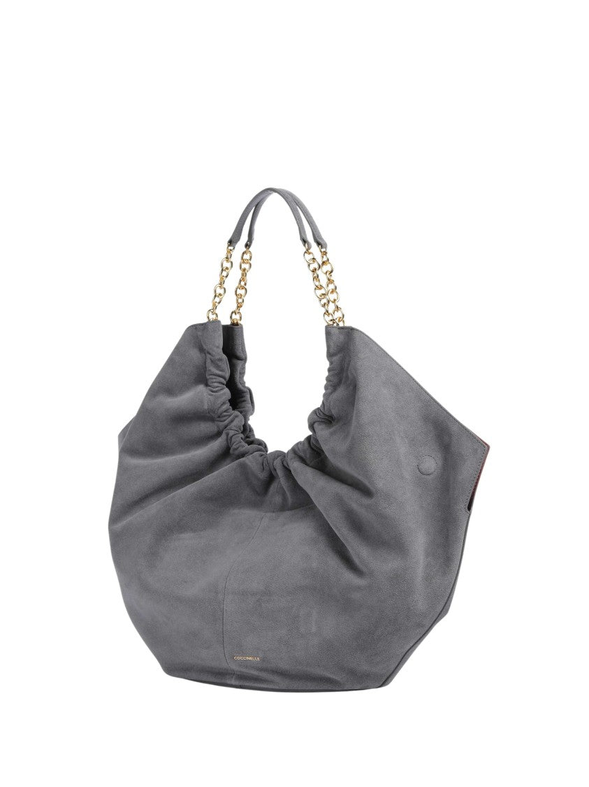 Coccinelle Ruched Grey Suede Shoulder Bag With Gold-Tone Accents