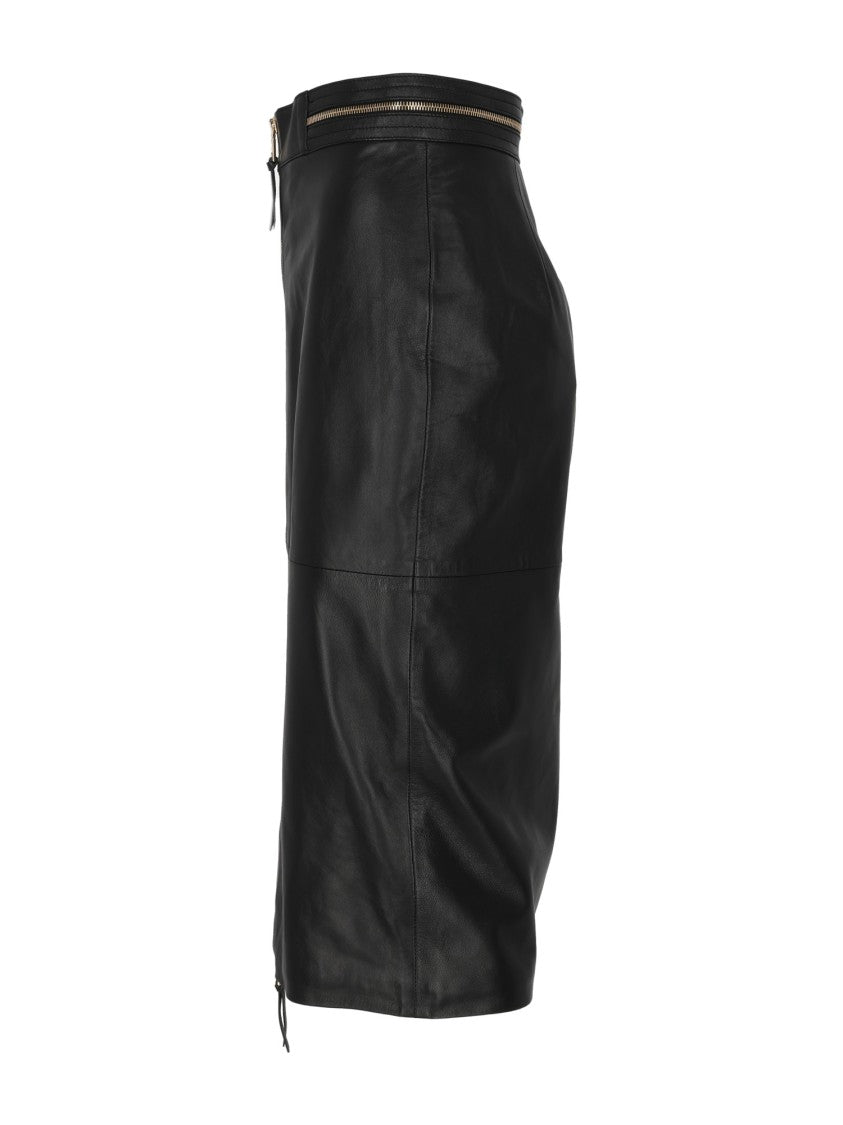 Elisabetta Franchi Fitted Black Sheepskin Leather Skirt With Front Zipper
