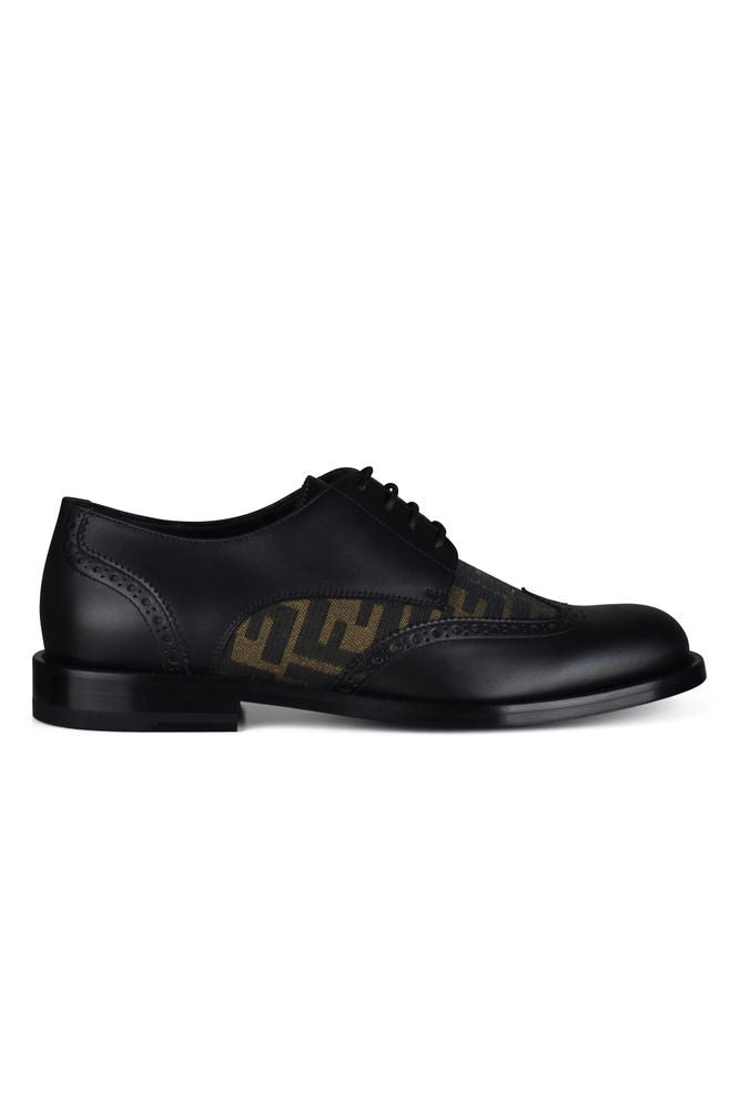 Fendi Brogue Leather Derbies With Ff Fabric Accents