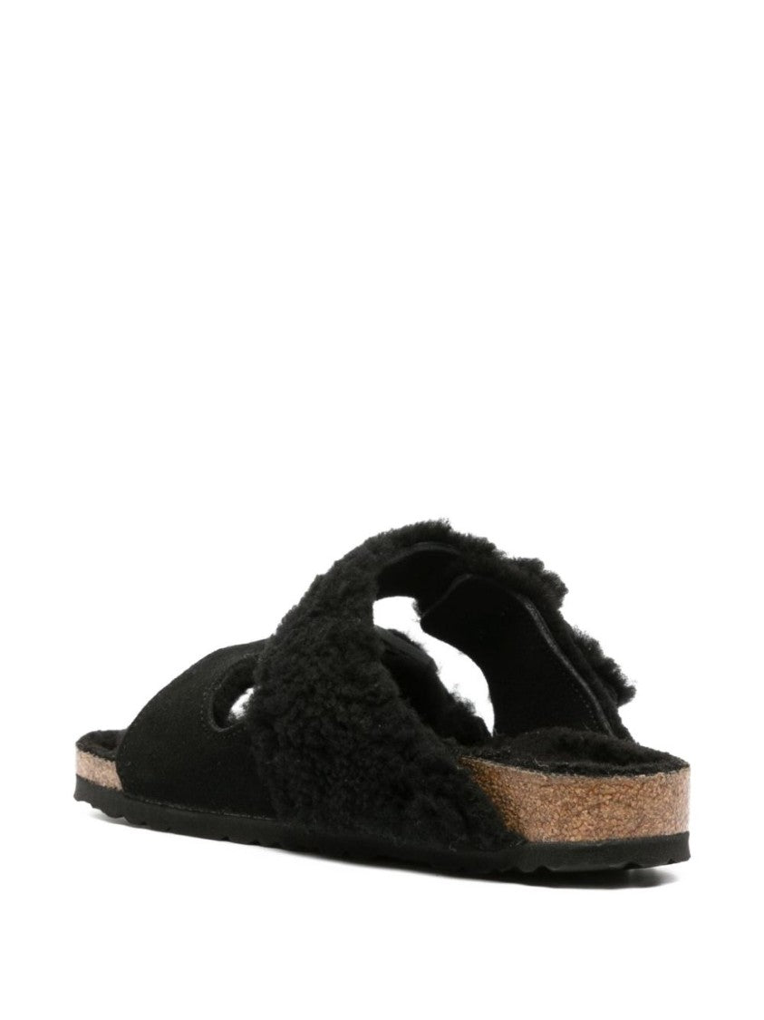 Birkenstock Plush Black Shearling Sandals With Adjustable Buckle