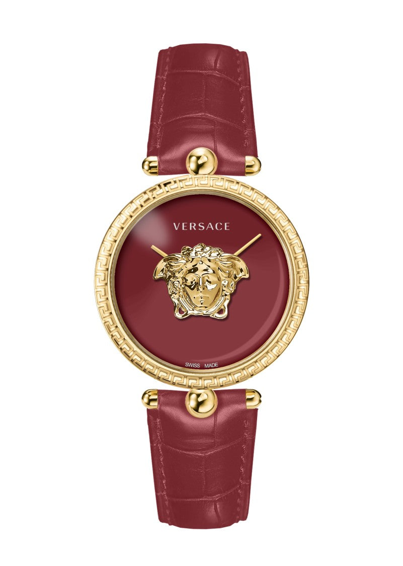 Versace Palazzo Empire 39Mm Gold-Tone Timepiece With Red Dial And Leather Strap