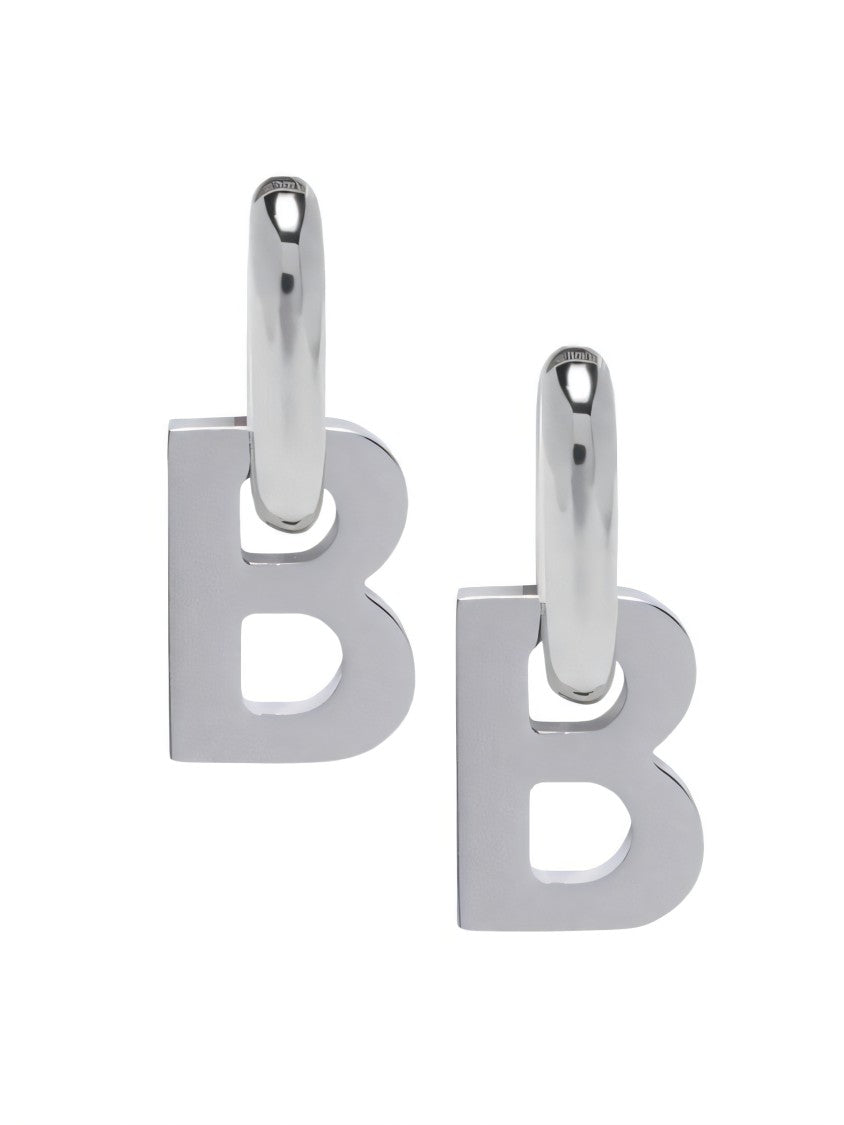 Balenciaga Oversized Silver 'B' Earrings With Hoop Attachment
