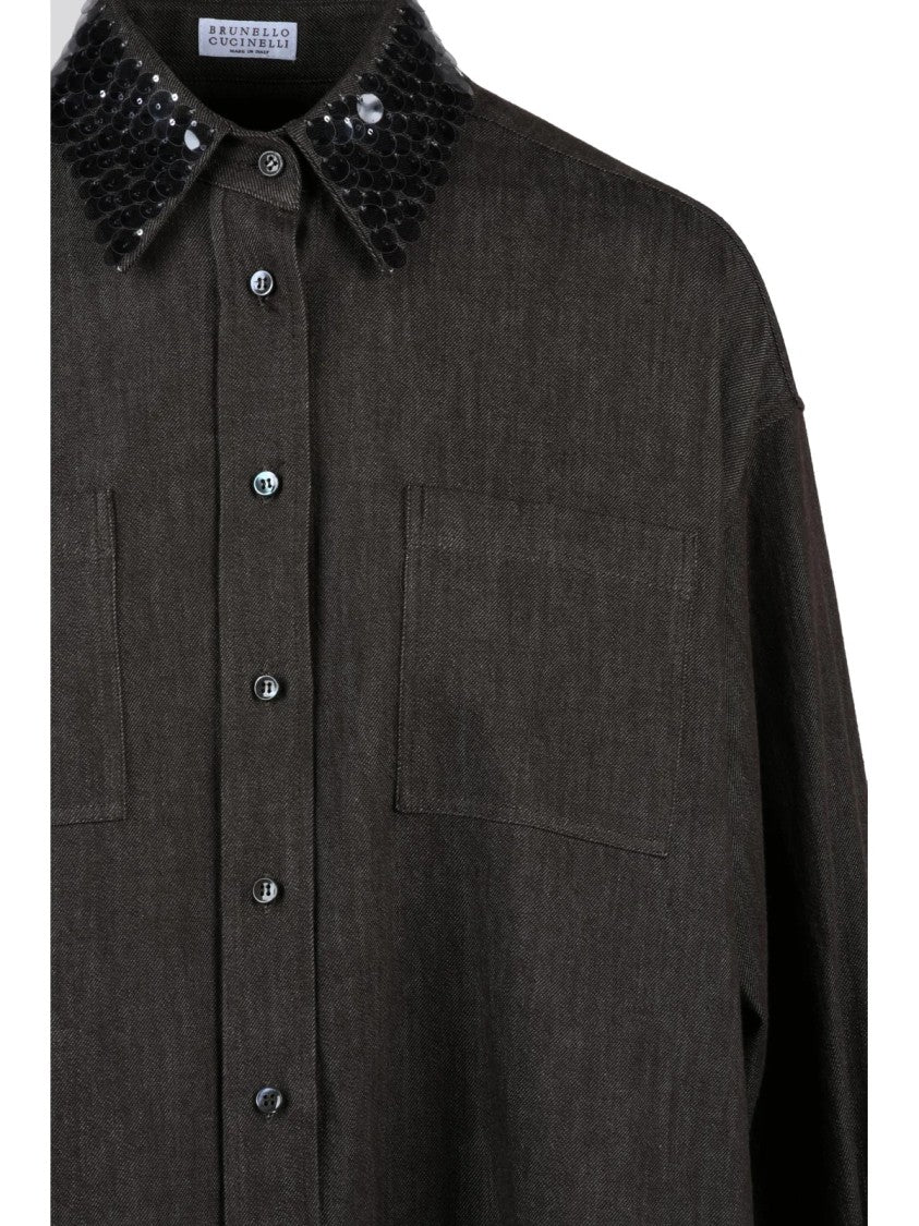 Brunello Cucinelli Short Oversized Cotton Shirt With Sequined Collar And Button Closure