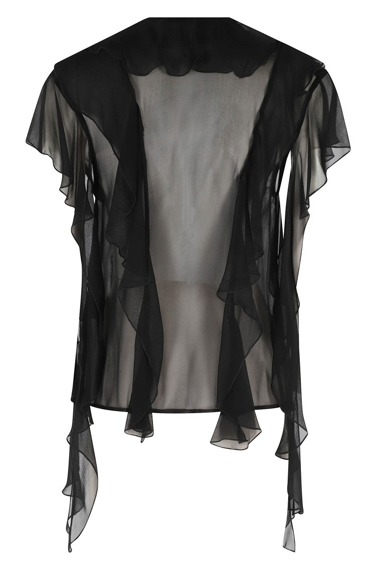 Erika Cavallini Black Lia Chiffon Ruffled V-Neck Silk Blouse