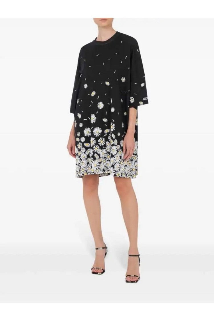 Moschino Floral-Print Black Cotton Dress With Relaxed Silhouette
