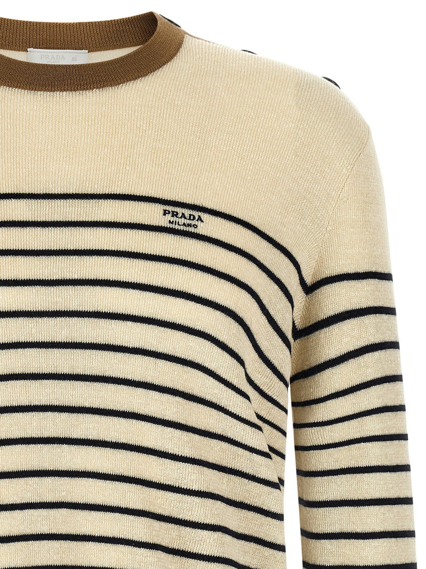 Prada Horizontal Striped Linen-Virgin Wool Sweater With Button Detail