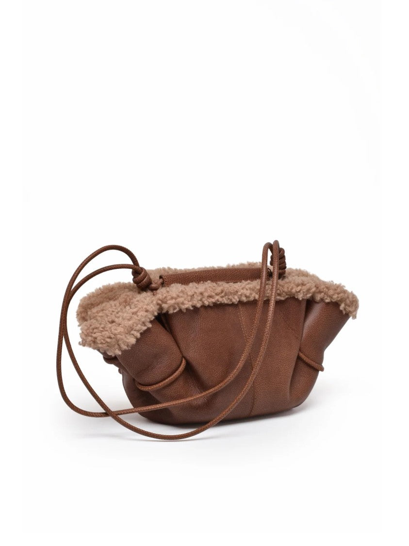 Hereu Brown Leather Shearling Trimmed Shoulder Bag