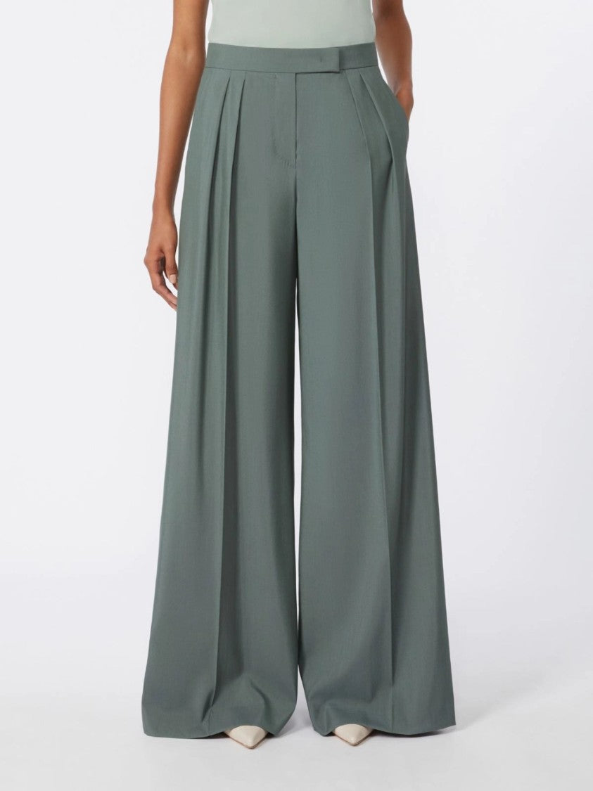 Max Mara Green Wide High Waist Wool Straight-Leg Pants