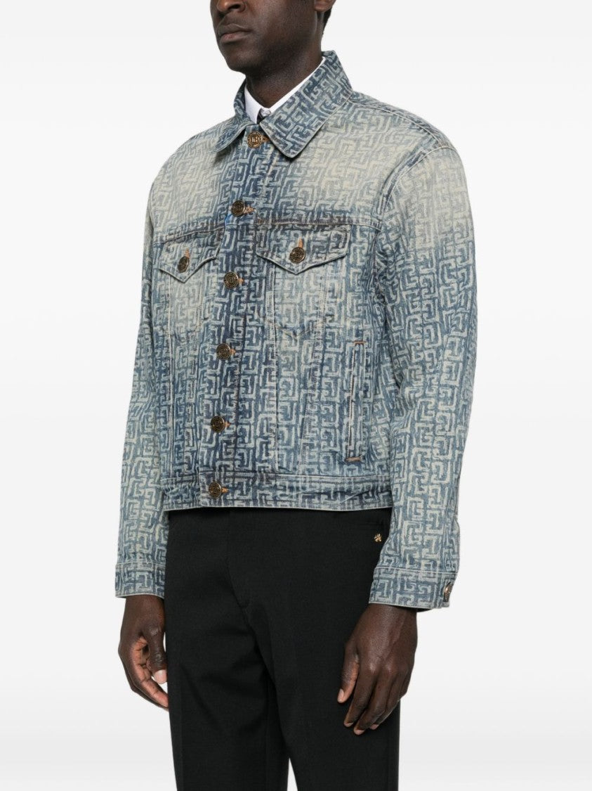 Balmain Faded Blue Monogram Denim Zip Jacket