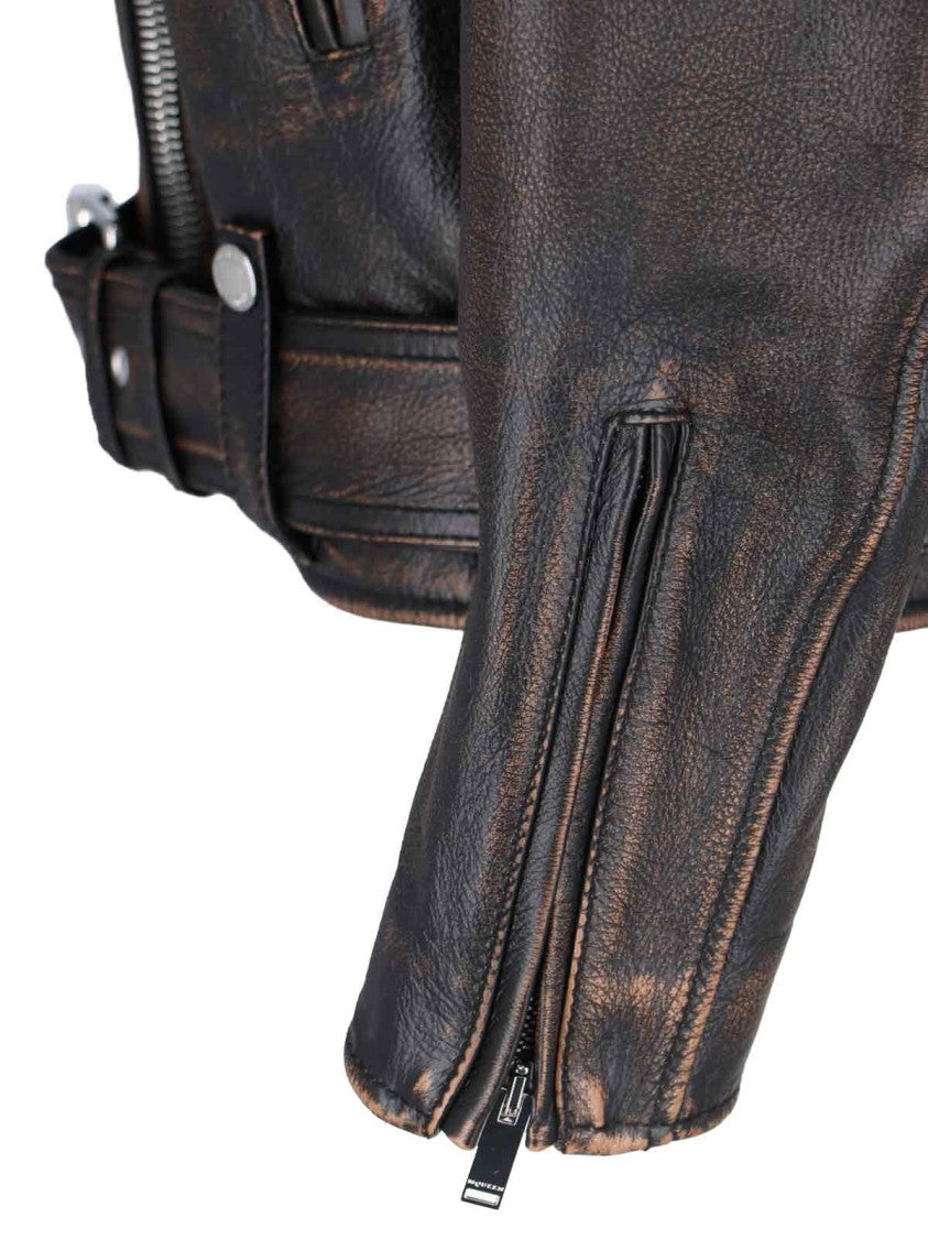 Alexander Mcqueen Brown Leather Zip Jacket With Asymmetrical Closure