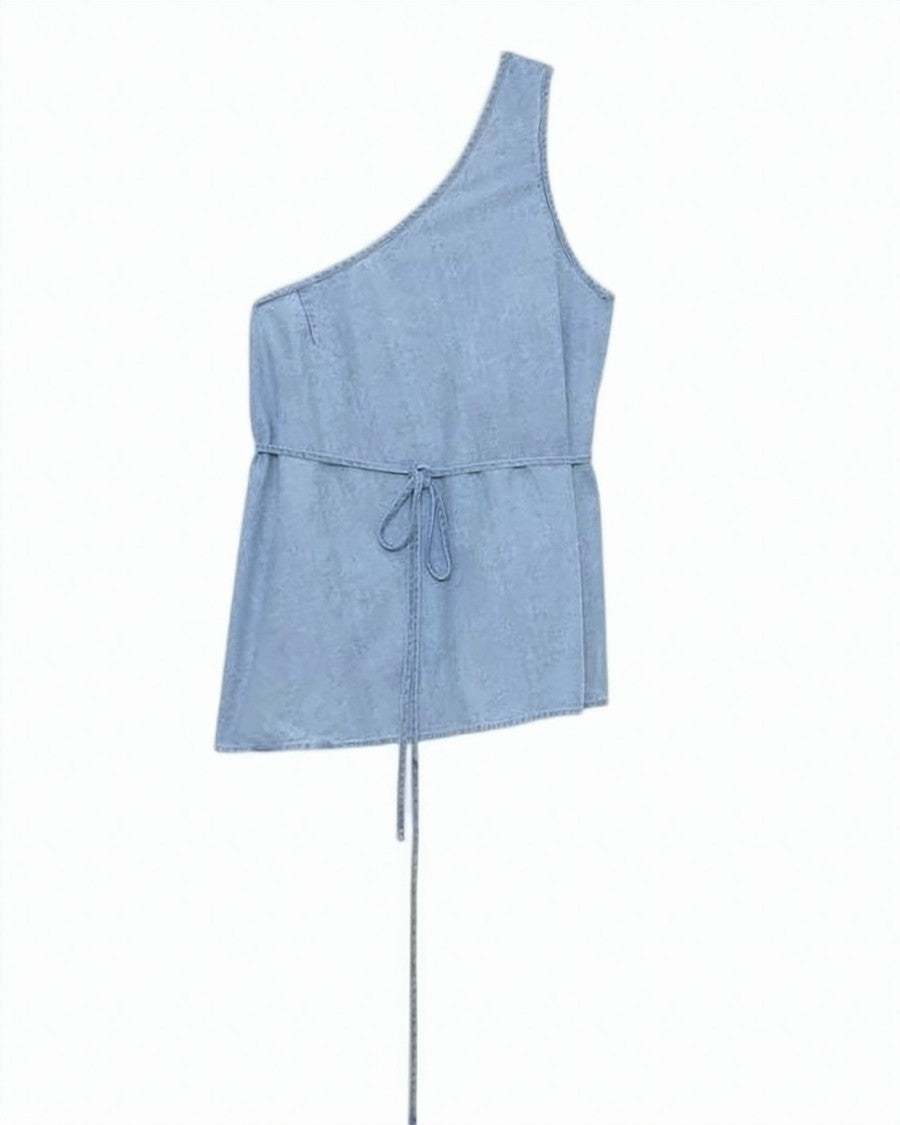 Baserange Blue Asymmetrical Sleeveless Cotton Silk Top