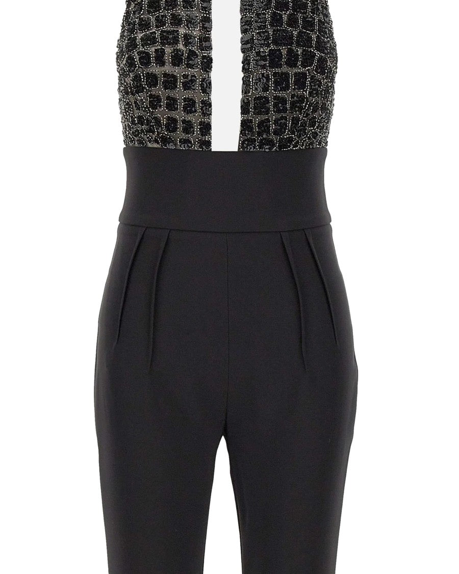 Elisabetta Franchi Black Crocodile Embroidered Jumpsuit